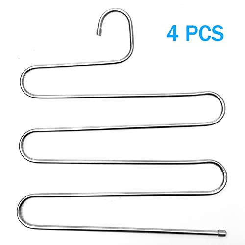 Timoo Pants Hangers, S-Shape Clothes Hangers Stainless Steel Trousers Hangers Space 5 Layer Saving Storage Organizer for Pants Jeans Tie Scarf, 4 Pack
