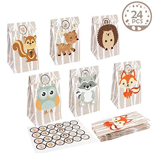 OurWarm 24pcs Woodland Party Favor Bags, 3D Animals Candy Treat Gift Bags with Thank You Stickers for Kids Woodland Animals Theme Baby Shower Birthday Party Decorations Supplies, 6 Styles