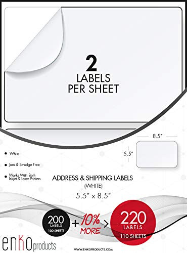enKo - 5-1/2 x 8-1/2 Inch Label - White Blank - 2 Per Sheet Half Shipping Labels for Laser Inkjet Printer (110 Sheets, 220 Labels)