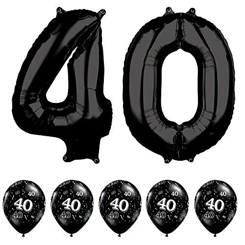 Jumbo Number 40 Foil Mylar Balloon & 11" 40 Around Black Latex Balloon 40th Birthday Bundle