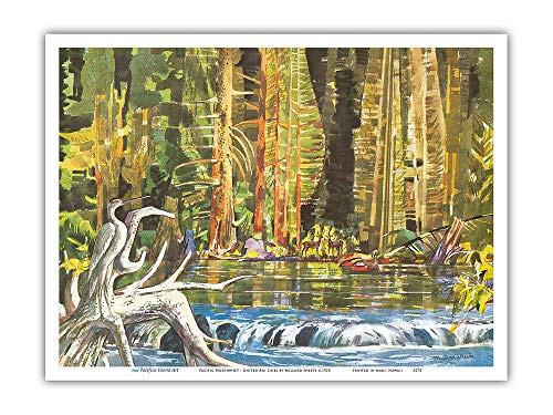 Pacifica Island Art - Pacific Northwest - Secluded Waters - United Air Lines - Vintage Airline Travel Poster by Millard Sheets c.1958 - Master Art Print - 9in x 12in Pacifica Island Art - Pacific Northwest - Secluded Waters - United Air Lines - Vintage Airline Travel Poster by Millard Sheets c.1958 - Master Art Print - 9in x 12in