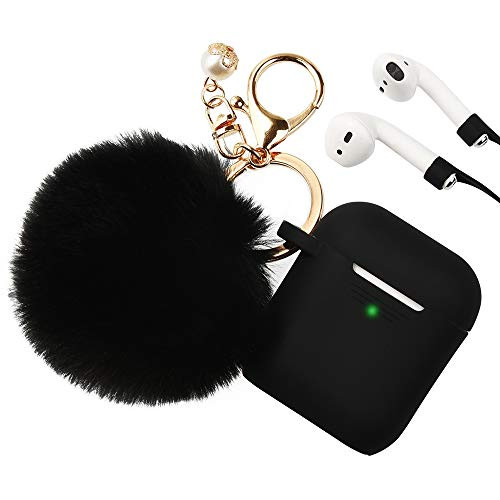 Airpods Case, Filoto Airpod Case Cover for Apple Airpods 2&1 Charging Case, Cute AirPods Silicon Case with Airpods Accessories Keychain/Skin/Pompom/Strap 2019 Summer Series (Black)