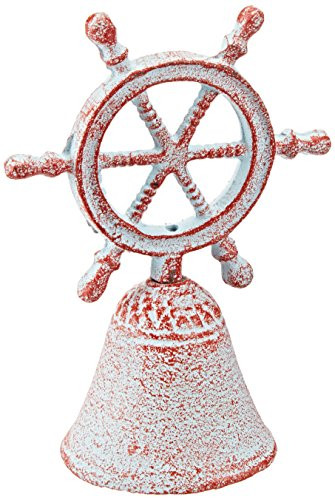 Hampton Nautical  Rustic Red Whitewashed Anchor with Vintage Cast Iron Rope Hand Bell, 7" -  Antique Cast Iron Decor