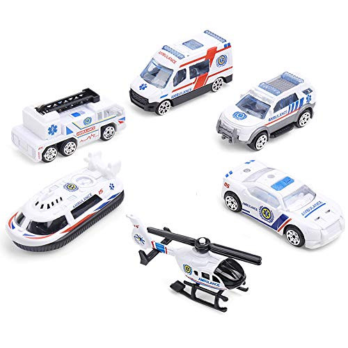 VAlinks Diecast Ambulance Vehicles Toy 6 in 1 Assorted Metal Model Cars for Kids Boys Party Favors Cake Decorations Topper Birthday Gift