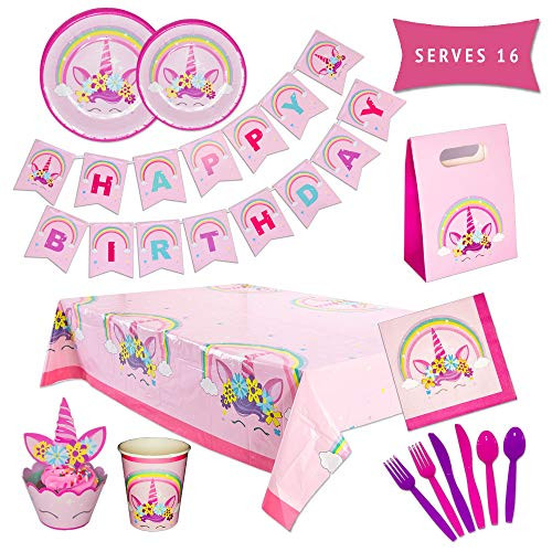 PARTY TYKES Unicorn Party Supplies - Birthday Decorations for Kids - Happy Birthday Banner, Disposable Plates, Cups, Napkins, Utensils, Table Cover, Party Favor Bags - 162 Piece Set Serves 16 Guests PARTY TYKES Unicorn Party Supplies - Birthday Decorations for Kids - Happy Birthday Banner, Disposable Plates, Cups, Napkins, Utensils, Table Cover, Party Favor Bags - 162 Piece Set Serves 16 Guests