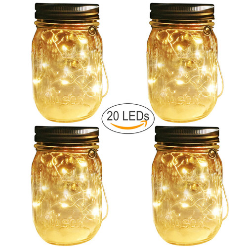 Solar Mason Jar Hanging Lights,4 Pack 20 LEDs (Mason Jar & Hanger Included) Warm White Waterproof Fairy Firefly Led String Mason Jar Lights,Best for Wedding Garden Patio Outdoor Solar Lanterns