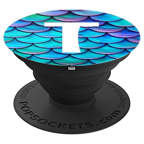 Blue Purple Mermaid Scale White Initial Letter T Monogram - PopSockets Grip and Stand for Phones and Tablets