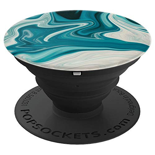 Wavy Marble Creamy Teal and White on Black - PopSockets Grip and Stand for Phones and Tablets