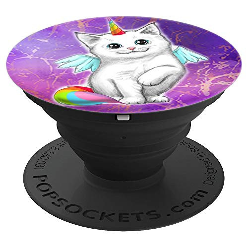 Cutest Caticorn Unicorn Cat Rainbow Kitty Design on Purple - PopSockets Grip and Stand for Phones and Tablets
