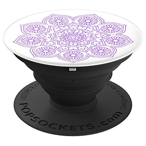 Purple Violet Mandala Flower on White - PopSockets Grip and Stand for Phones and Tablets