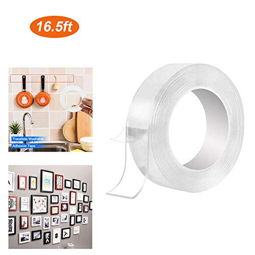 Washable Adhesive Tape 5M/16.5Ft Nano Tape, Transparent Double Sided Clear Tape Traceless Tape,Free to Remove, Reusable Traceless,Stick to Glass, Metal, Kitchen Cabinets or Tile Nano Tape, 2mm