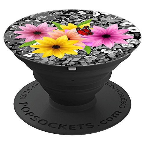 Yellow and Pink Flower design with Cute Butterfly - PopSockets Grip and Stand for Phones and Tablets