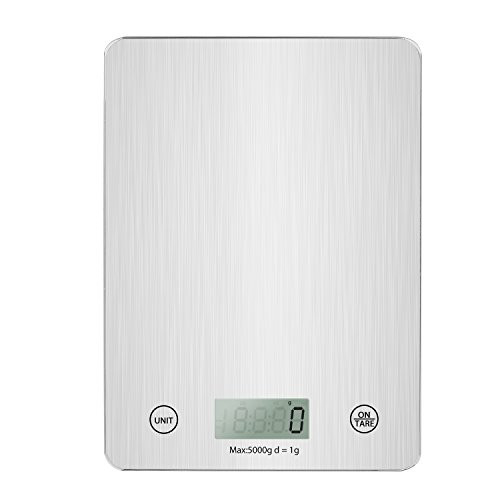 JZxin Digital Kitchen Scale Multifunction Food Scale for Cooking and Baking,5kg/11lb Highly Accurate Kitchen Weight Scales with LCD Display,Tare & Auto Off, Tempered Glass- Silver(Batteries Included)