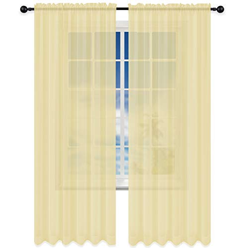 KEQIAOSUOCAI 2 Panels Girls Room Sheer Curtains 84 Inch Cream Yellow Rod Pocket Sheer Curtains Panels for Bedroom Living Room 52W x 84L