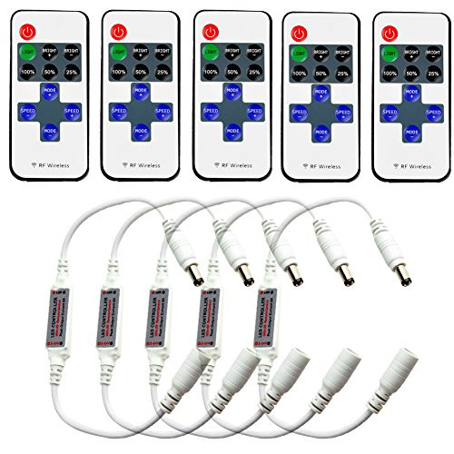 FAVOLCANO (5 Pack) 12V-24V LED Mini Remote Controller for Single Color 3528 5050 LED Strip Lights, RF Dimmer for 12 V DC LED Light Strips, 6A, 11-key RF Wireless Remote Control