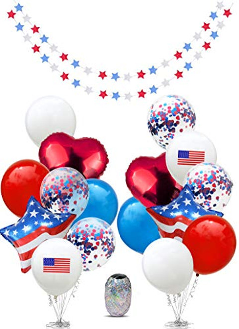 4th of July Decor, Fourth of July Decor, Independence Day Decorations, Memorial Day, Military Homecomings, Patriotic, Red White and Blue Decorations, Star Garlands Decor, US America Flag, USA American Flags, Garland, Mylar Foil, Latex Balloons for Party Favors Decorations Supplies