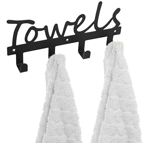 MyGift Black Metal Towels Design Wall Mounted Kitchen/Bathroom Storage Organizer Rack w/ 4 Hooks