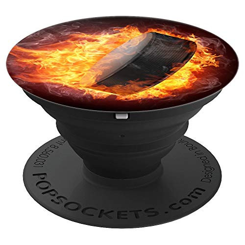 Ice Hockey Flaming Hockey Puck Black Background - PopSockets Grip and Stand for Phones and Tablets