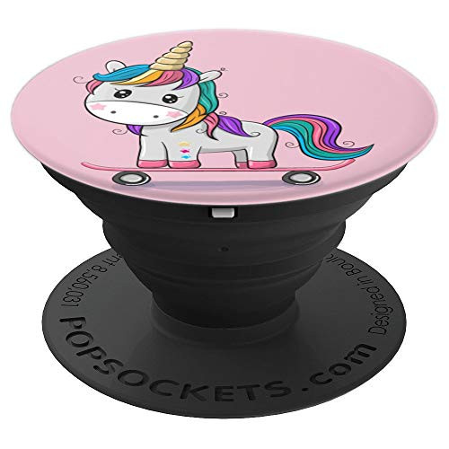 Cute Pink Skateboard Rainbow Unicorn On Pink Background - PopSockets Grip and Stand for Phones and Tablets