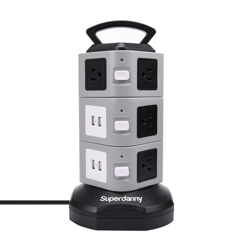 SUPERDANNY Power Strip Tower Surge Protector 3000W 13A Electric Charging Station 10-Outlet with 4.2A 4-USB Slot + 6ft Cord Wire Extension Universal Socket for PC Laptops Mobile