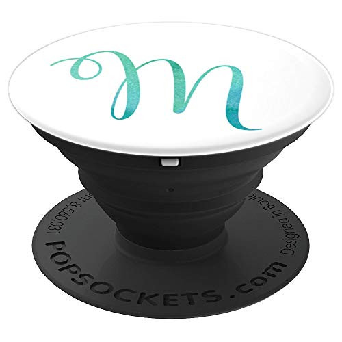M Initial Monogram Teal Watercolor on White Capital Letter - PopSockets Grip and Stand for Phones and Tablets