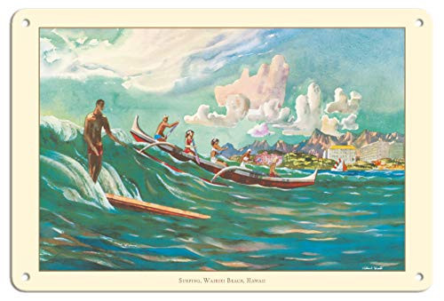 Pacifica Island Art 8in x 12in Vintage Tin Sign - Surfing Waikiki Beach, Hawaii - United Air Lines by Millard Sheets Pacifica Island Art 8in x 12in Vintage Tin Sign - Surfing Waikiki Beach, Hawaii - United Air Lines by Millard Sheets