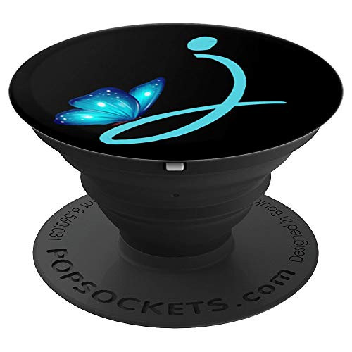 J Blue Butterfly Letter Initial Monogram for Girls Black - PopSockets Grip and Stand for Phones and Tablets