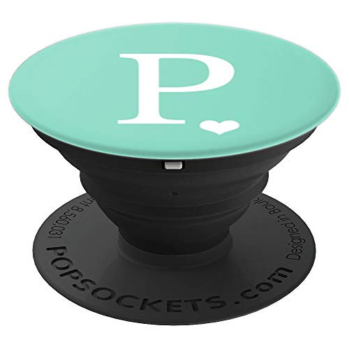 White Initial Letter P heart Monogram on Pastel Mint Green - PopSockets Grip and Stand for Phones and Tablets