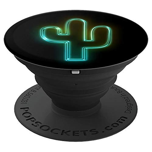 Neon Glow Cactus Black Background Teal, Green Cute - PopSockets Grip and Stand for Phones and Tablets