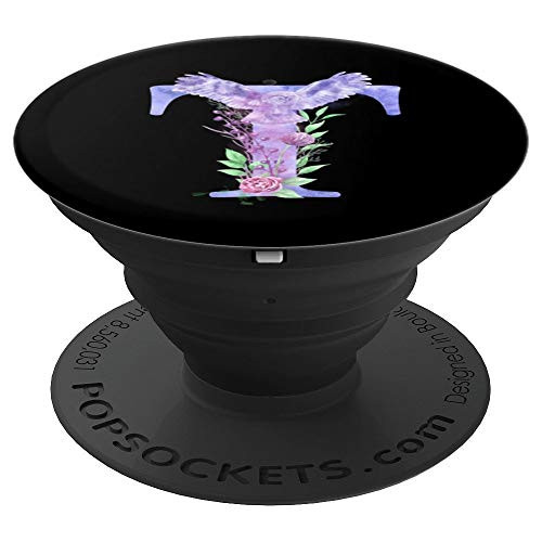 Letter T Initial Pink Purple Floral Flower On Black Monogram - PopSockets Grip and Stand for Phones and Tablets