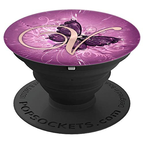 Letter V Golden Rose On Purple Butterfly Design - PopSockets Grip and Stand for Phones and Tablets Letter V Golden Rose On Purple Butterfly Design - PopSockets Grip and Stand for Phones and Tablets