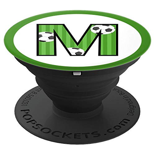 Soccer Ball Letter M Initial Monogram Green Stripe - PopSockets Grip and Stand for Phones and Tablets