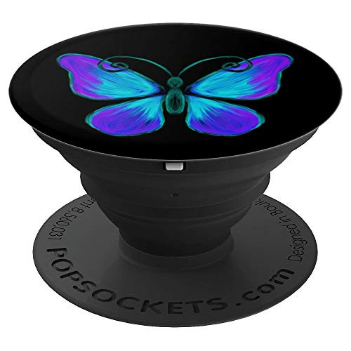 Purple Teal Butterfly On Black Background - PopSockets Grip and Stand for Phones and Tablets