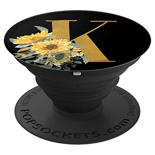Sunflower Yellow Flowers Black Monogram Initial Letter K - PopSockets Grip and Stand for Phones and Tablets