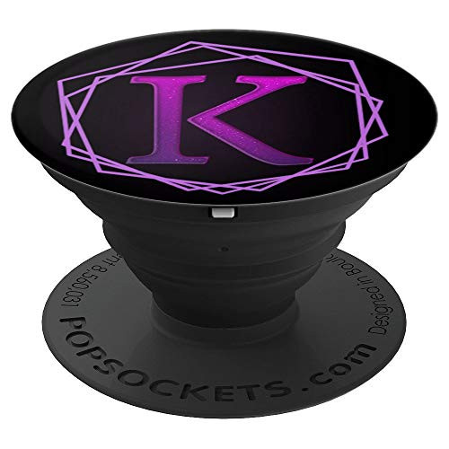 Lilac Geometric Purple Letter K Monogram On Black - PopSockets Grip and Stand for Phones and Tablets