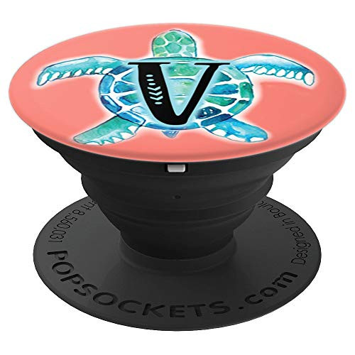 Aqua Teal Sea Turtle Coral Pink Initial Monogram Letter V - PopSockets Grip and Stand for Phones and Tablets