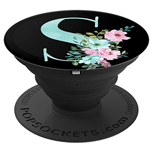 Mint Pink Floral Flowers Black Monogram Initial Letter S - PopSockets Grip and Stand for Phones and Tablets