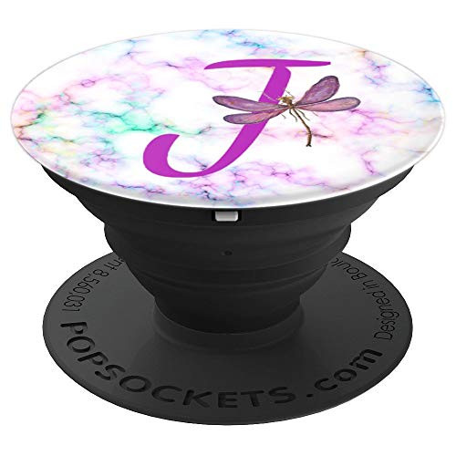 Purple J Initial Dragonfly And Rainbow Marble - PopSockets Grip and Stand for Phones and Tablets