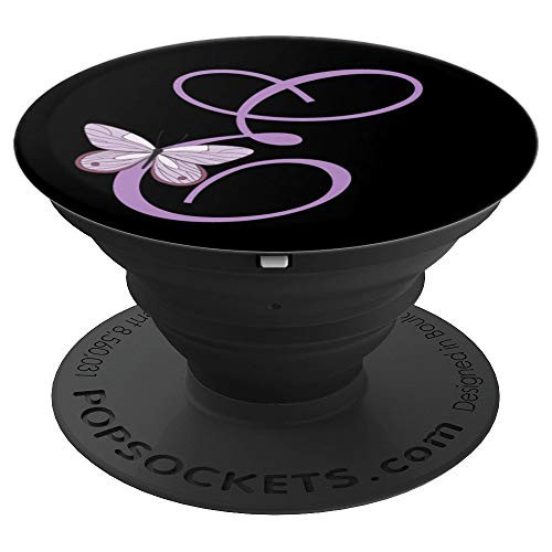 Black Lavender Purple Butterfly Purple Monogram Letter E - PopSockets Grip and Stand for Phones and Tablets