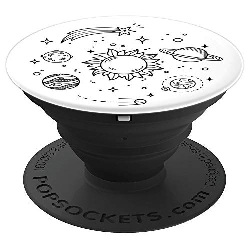 Whimsical Space Doodle Sun Moon Stars Planets on White - PopSockets Grip and Stand for Phones and Tablets