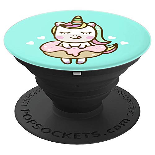 Cute Green Background Rainbow Unicorn inside Donut - PopSockets Grip and Stand for Phones and Tablets