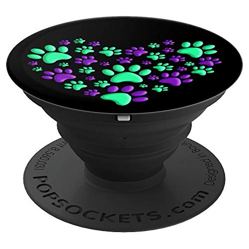 Purple Green Dog Paw Print Heart on Black - PopSockets Grip and Stand for Phones and Tablets Purple Green Dog Paw Print Heart on Black - PopSockets Grip and Stand for Phones and Tablets