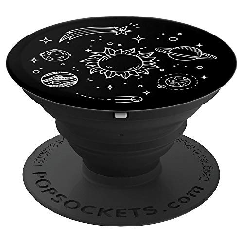 Whimsical Space Doodle Sun Moon Stars Planets on Black - PopSockets Grip and Stand for Phones and Tablets
