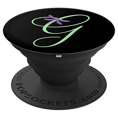 Black Purple Dragonfly Mint Green Monogram Letter G - PopSockets Grip and Stand for Phones and Tablets