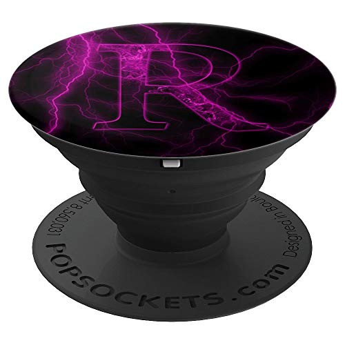 Purple Lightning Letter R Monogram On Black - PopSockets Grip and Stand for Phones and Tablets