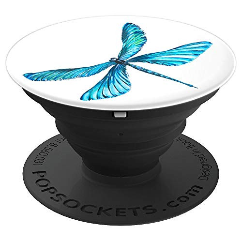 Blue Turquoise Teal Dragonfly on White - PopSockets Grip and Stand for Phones and Tablets