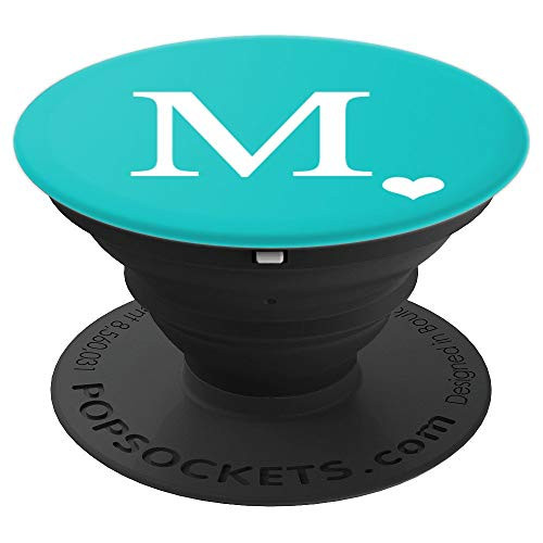 White Initial Letter M heart Monogram on Turquoise Teal Blue - PopSockets Grip and Stand for Phones and Tablets