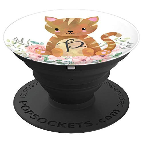 Brown Cat Cute Kitty Flowers Monogram Name Initial Letter P - PopSockets Grip and Stand for Phones and Tablets