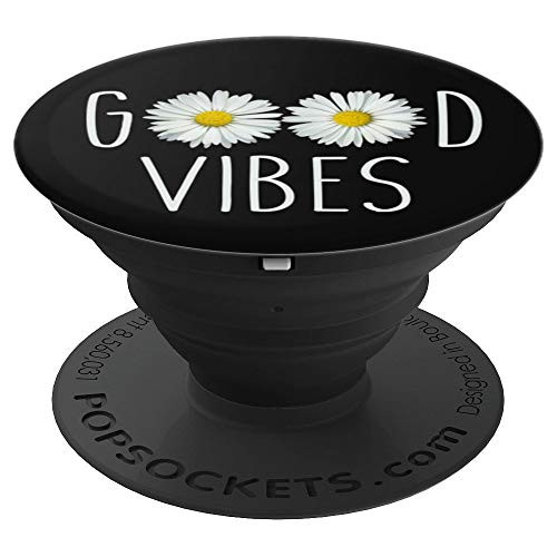 Good Vibes Daisy Flower White and Yellow Daisies on Black - PopSockets Grip and Stand for Phones and Tablets