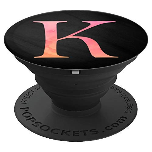 Pink orange watercolor Letter K Monogram On Black - PopSockets Grip and Stand for Phones and Tablets